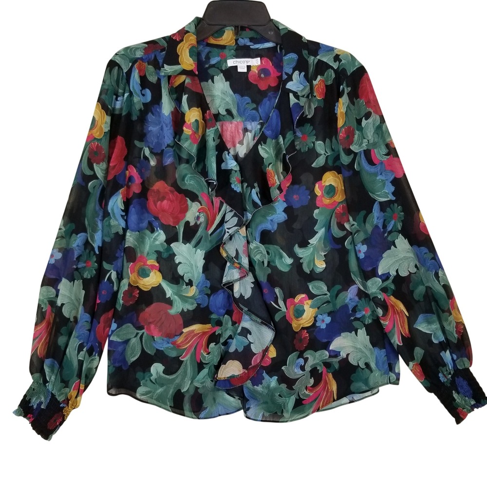 Chicos Floral Ruffle Chiffon Blouse Black Multi Color Smocked Cuff Size 2.5 14